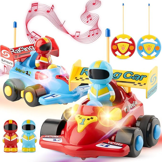 OMBU 2pk Remote Control Car for Kids - Toddler Toys 3-4, Remote Control Car for Toddlers 1-3 with Music and LED Lights, Gifts for 3 Year Old Boys - for 18+ Months