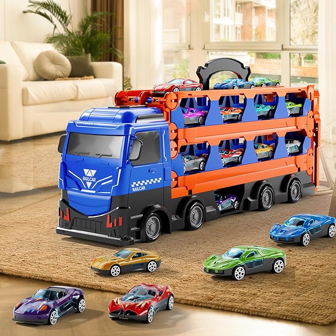 Carrier Truck Race Track Boys Toys, 78-Inch Toy Truck Transport Car Race Track & 12 Die-Cast Metal Toy Cars, Toddler Truck Car Toys Track Set Gifts for Age 3 4 5 6+ Years Old Kids Boys Girls