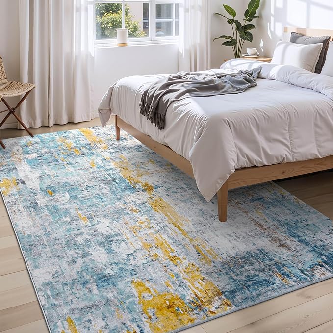 Ompaa Living Room Rug 5x7 Blue Area Rug Machine Washable Boho Rug Non Slip Abstract Vintage Indoor Large Rugs for Bedroom, Classroom, College Dorm, Farmhouse, Dining Room, Kids Playroom