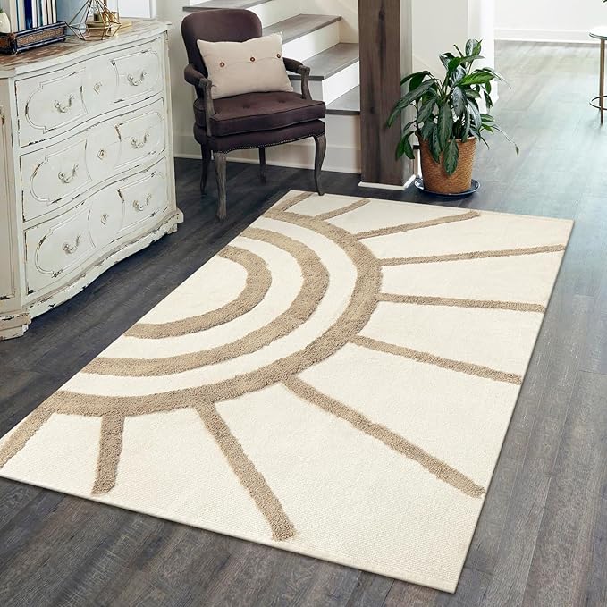 OJIA Boho 4'X6' Washable Rug, Cotton Tan Bedroom Rug Bohemian Area Rugs for Living Room/Kids Room, Tufted Sun Rug Nursery Rug Modern Farmhouse Floor Carpet for Bedside/Dorm
