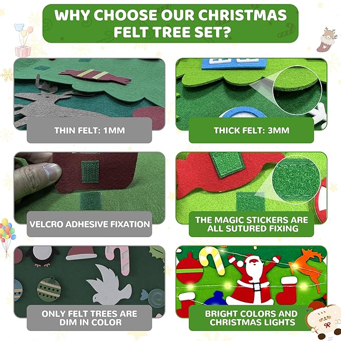 Onekka DIY Felt Christmas Tree for Toddlers with 32 pcs Detachable Ornaments+Snowman Advent Calendar, 3.2ft My First Christmas Tree, Xmas Gift for Kids with String Lights (Batteries Not Included)