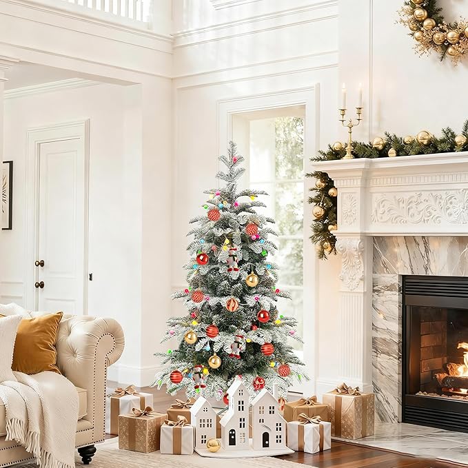 4Ft Pre-Lit Artificial Snow Flocked Christmas Tree, PE & PVC Mixed Layered Christmas Tree Hinged Tree with Lights and Metal Stand, Slim Xmas Tree for Holiday Decor