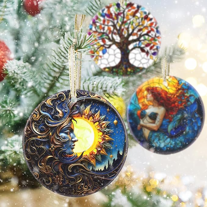 3.5 Inch Ceramic Christmas Tree Ornament, Sun and Moon God Christmas Ornaments, Heirloom Keepsake, Gift Exchange, Gift Idea, Bauble Present