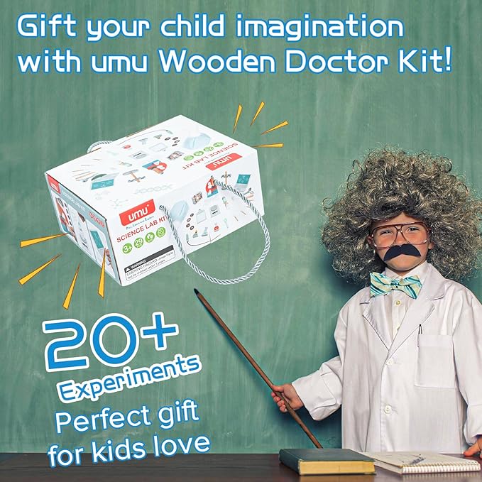 UMU® Wooden Science Experiment Kit for Kids, Doctor Dress Up for Children Ages 3-5 Scientist Costume Dress Up and Role Play Toys Gift for Boys Girls Kids Age 5-8