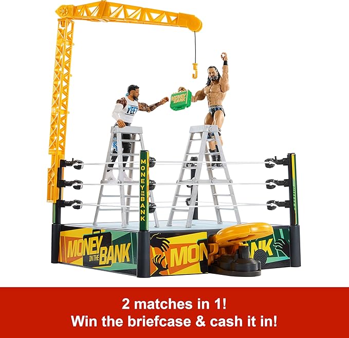 Mattel WWE Money in The Bank Cash-in Ring Playset with 2 Play Modes & 40+ Sounds & Phrases, Includes Launcher Crane, Ladders & Briefcase, 13-Inch x 20-Inch