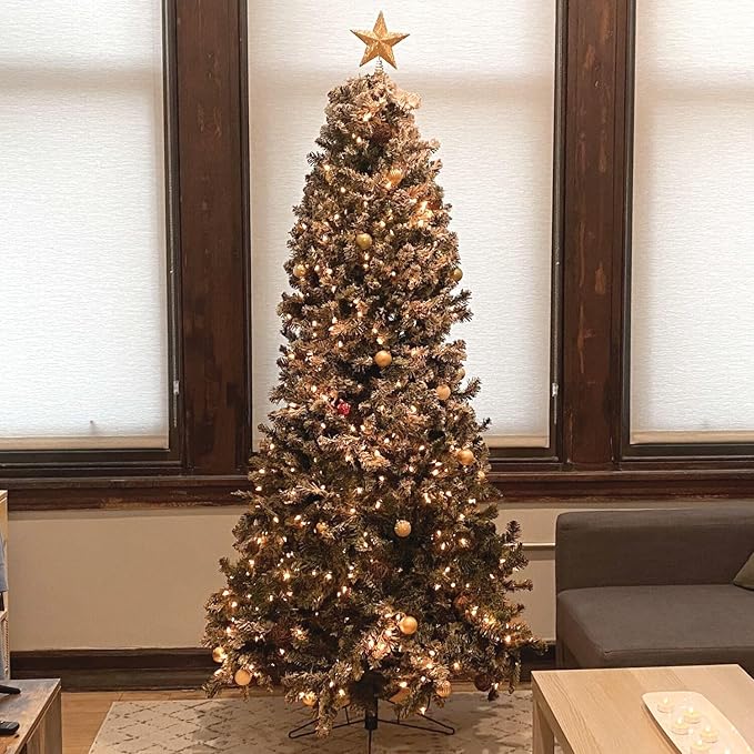 Fraser Hill Farm 7.5-Ft. Alaskan Pine Flocked Artificial Christmas Tree with White Incandescent Smart Lights and Stand, Prelit Foldable Fake Tree with Realistic Snowy Foliage for Home Decoration