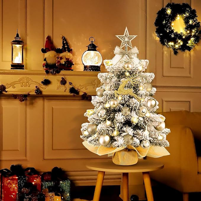 Mini Christmas Tree with Lights,24In/2ft Snow Flocked Pre-lit Tabletop Christmas Tree with 19 Decorations,Artificial Small DIY Decor for Table Desk Home