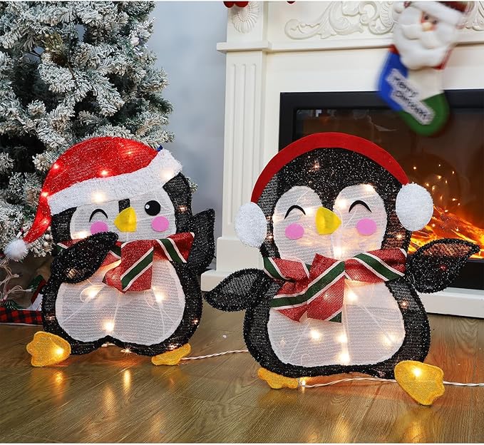 Hausse Set of 2 Lighted Christmas Penguins Decorations, Pre-Lit 2D Tinsel Cute Penguin with Incandescent Lights, Light Up & Plug in for Indoor Outdoor Xmas Winter Holiday Yard Lawn Garden Decor