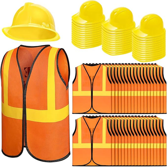 72 Pcs Construction Worker Costume Kit Including 36 Hats and 36 Vests - Role Play Accessories for Kids' Themed Birthday Party