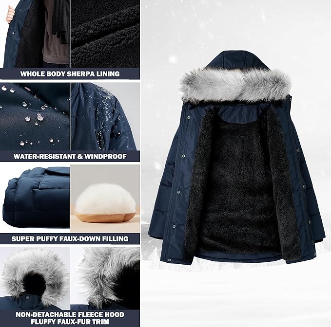 maoo garden Boys Puffer Winter Coat Big Kids Heavyweight Sherpa Lined Fur Hooded Jacket Water-Resistant Snow Parka