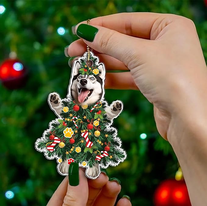 2025 Husky Dog Christmas Ornament - Adorable Dog Dressed as a Christmas Tree - Fun and Festive Acrylic Decoration (Husky Xmas Tree)
