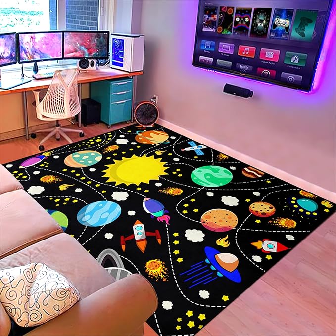 Outer Space Rug for Boys - Galaxy Carpet for Boys Room Cute Cartoon Universe Planet Area Rug Satellite Rockets Kids Baby Polyester Crystal Floor Mat Kids Play Carpet for Children Bedroom 3x4 ft