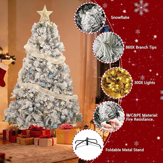 6ft Snow-Flocked Artificial Christmas Tree, LED pre-lit Holiday Xmas Tree for Home Office Party Decoration with 860 PE&PVC Hinged Branch Tips and 300 Warm White Lights, Foldable Stand