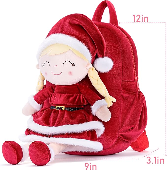 Gloveleya Plush Backpacks Toddler Backpack Removable Doll and Backpack Christmas Gifts Baby Girl Gift For 2 to 8 Years Girl Birthday Gifts With Red Doll