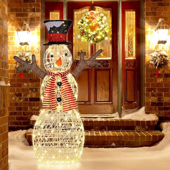 Tangkula Christmas Outdoor Lighted Snowman Yard Xmas Decorations with Pre-Lit 80 LED Lights Artificial Christmas Décor with Ground Stakes and Zip Ties Indoor/Outdoor Holiday Decoration