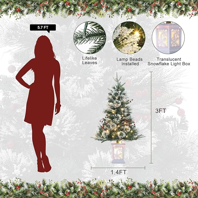 3FT Prelit Artificial Christmas Tree with Lights, 3 Foot Artificial Christmas Tree with Snowflake Base, 78 LED Prelit Christmas Tree, Battery Operated, Timer, Easy Assembly, Winter Holiday Decor