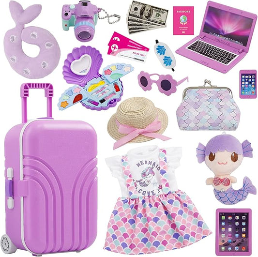 18 Inch Doll Suitcase Travel Luggage Play Set, Mermaid Theme Travel Carrier Storage Accessories for 18inch Doll, Include Case, Clothes, Hat, Sunglasses, Camera, Pillow, Toy Pet