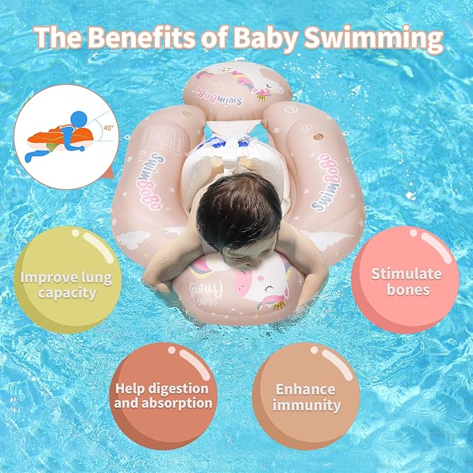 Free Swimming Baby Infant Pool Float with Sun Canopy Inflatable Baby Swimming Floatie with Sponge Safety Bottom Support Water Toys Swimming Trainer (Pink, Large)