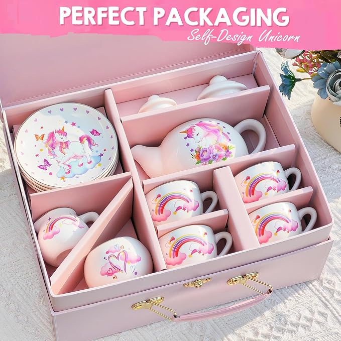 Tacobear Porcelain Tea Set for Girls Toys Unicorn Gift, 13pcs Tea Party Set with Teapot & Cup & Saucer & Suitcase, Kid Kitchen Pretend Playset Birthday Unicorn Toys for Girls 3 4 5 6-8