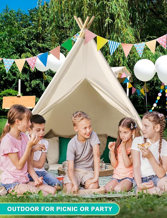 Sumbababy Teepee Tent for Kids Indoor - Natural Canvas Kids Play Tent - Washable Tipi Sleepover Tents with Lights & Carry Bag, Outdoor Toddler Tents for Girls & Boys - Foldable Playroom Gift Toys