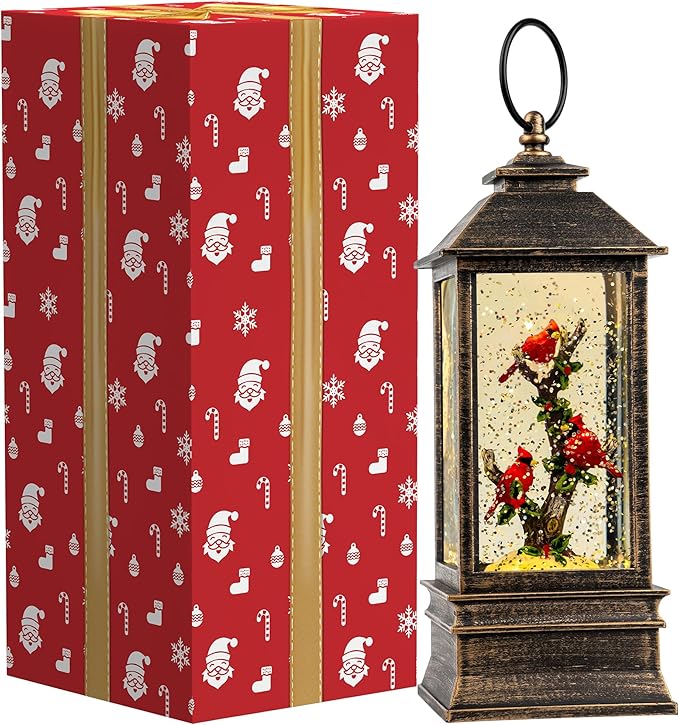 10'' Lighted Cardinal Music Snow Globe Water Lantern with Swirling Glitter Decoration for Christmas Home, Living Room, Battery Operated or USB Powered