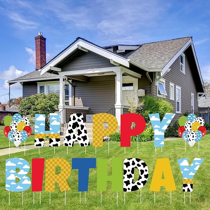 15 Pcs Cartoon Happy Birthday Lawn Yard Sign with Stakes Colorful Toy Inspire Game Outdoor Decorations Waterproof Happy Sign for Birthday Party Celebration Supplies