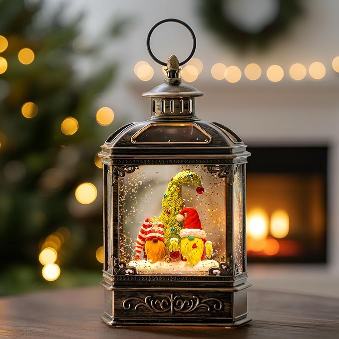 Musical Snow Globe Lantern Lighted Whimsical Christmas Tree & Gnomes Santa Elf Snow Water Lantern with Swirling Glittering Home Decoration and Gift, Battery Operated or USB Powered