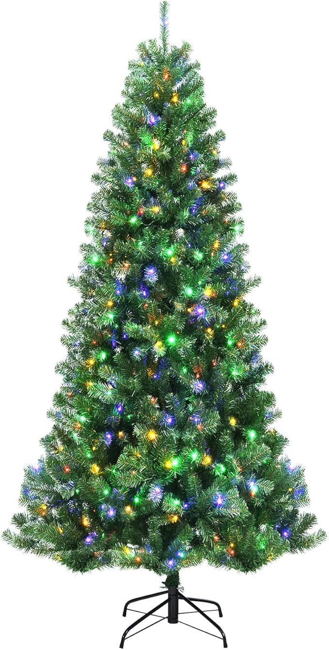 GOFLAME 8ft Artificial Christmas Tree, Pre-lit Xmas Tree 9 Lighting Modes w/ 1605 PVC Branch Tips & 600 Color-Changing LED Lights, Holiday Festival Decoration Tree with Remote Control and Metal Stand