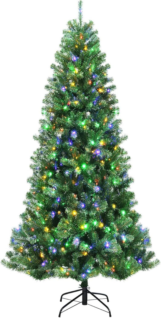 GOFLAME 8ft Artificial Christmas Tree, Pre-lit Xmas Tree 9 Lighting Modes w/ 1605 PVC Branch Tips & 600 Color-Changing LED Lights, Holiday Festival Decoration Tree with Remote Control and Metal Stand