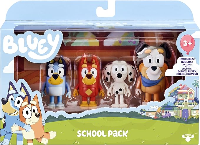 Bluey and Friends 4 Pack of 2.5-3"" Poseable Figures (13052), School 4-Pack