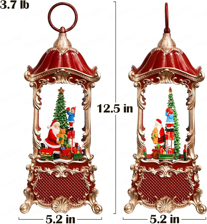 Santa Snow Globe Christmas Decorations Indoor Christmas Tree Gifts for Child Classic Relief Texture Musical Glitter Snowfall USB/Battery Timer Lantern 12.5 inch