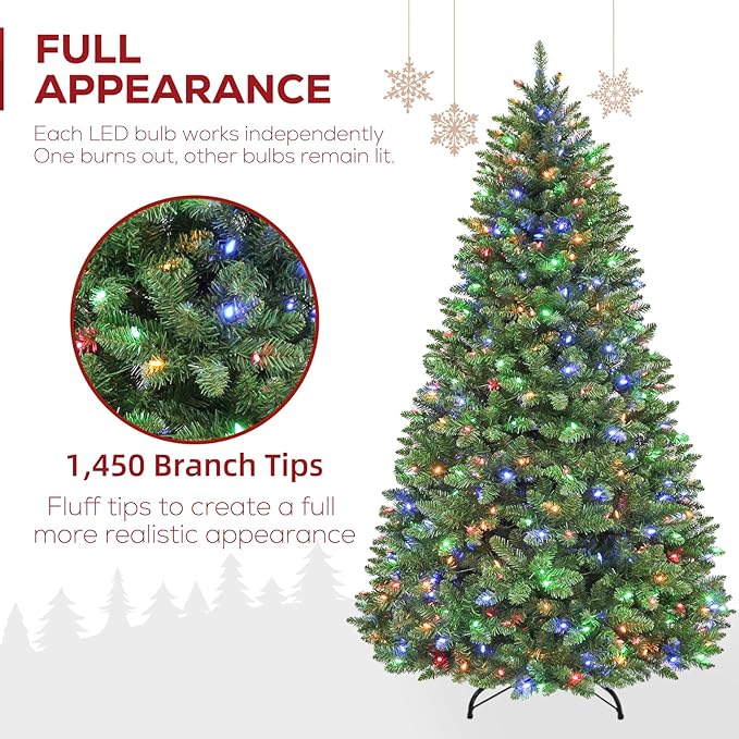 Hykolity 7.5' Pre-Lit Artificial Christmas Tree with 450 Changeable Color LED Lights, 1032 Tips, Easy Setup Hinged & Metal Base, 10 Modes