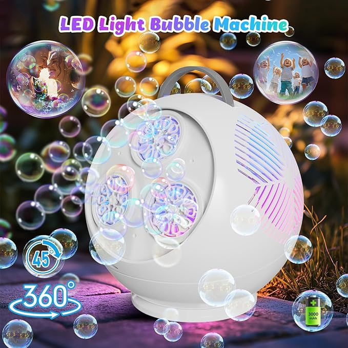 Bubble Machine for Kids Toddlers,45°/360° Auto Rotatable Spherical Bubble Maker Toy with LED Light,Rechargeable Bubble Blower for 3 4 5 Year Old,Wedding Party Easter Birthday Gifts (Spherical White)