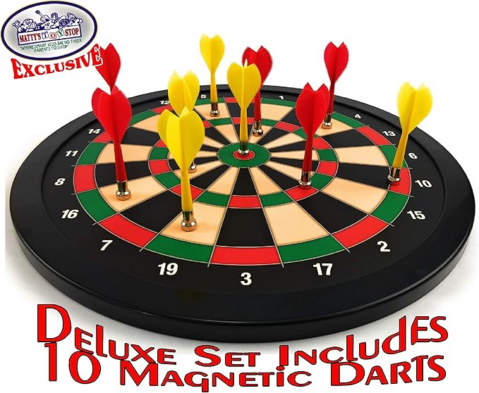 Matty's Toy Stop Deluxe Magnetic Dartboard (Dart Board) 15.5" with 10 Darts Total (5 Yellow & 5 Red)
