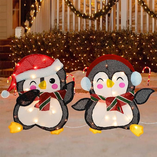 Hausse Set of 2 Lighted Christmas Penguins Decorations, Pre-Lit 2D Tinsel Cute Penguin with Incandescent Lights, Light Up & Plug in for Indoor Outdoor Xmas Winter Holiday Yard Lawn Garden Decor