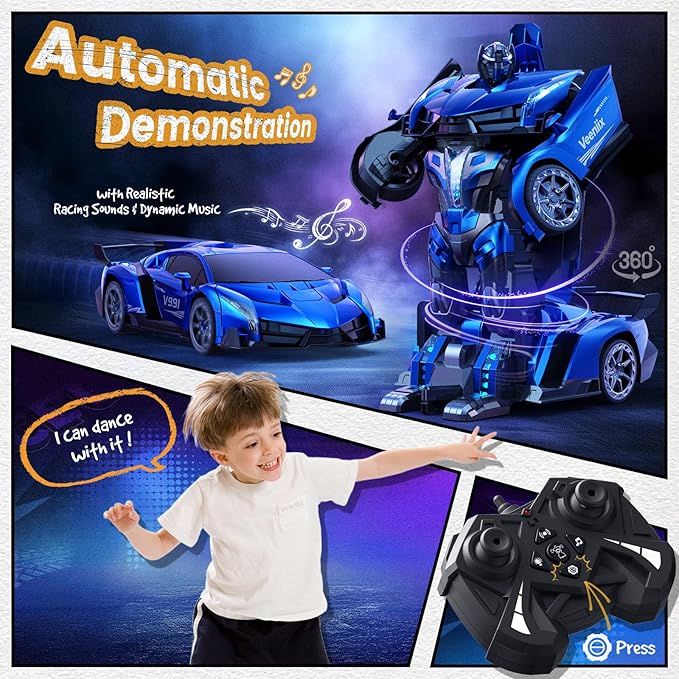 V991 Transform Remote Control Car, 1:10 Big Size, 2 Rechargeable Batteries for 70Min, 2.4GHz Gesture Sensing, One-Key Deformation, Robot Toys Gifts for Boys and Girls (Blue)