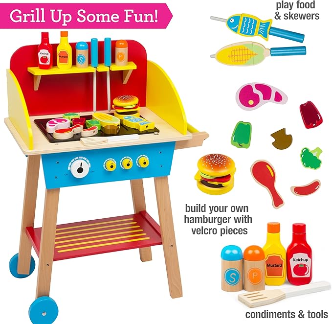 Cook 'N Grill Wooden BBQ Playset- Kids Pretend Play Wood Toy Barbeque w Food, Condiments & Grilling Tools- 30+ Pieces In All - Fun Indoor Outdoor Activity Set for Playrooms, Daycare Centers, Xmas Gift