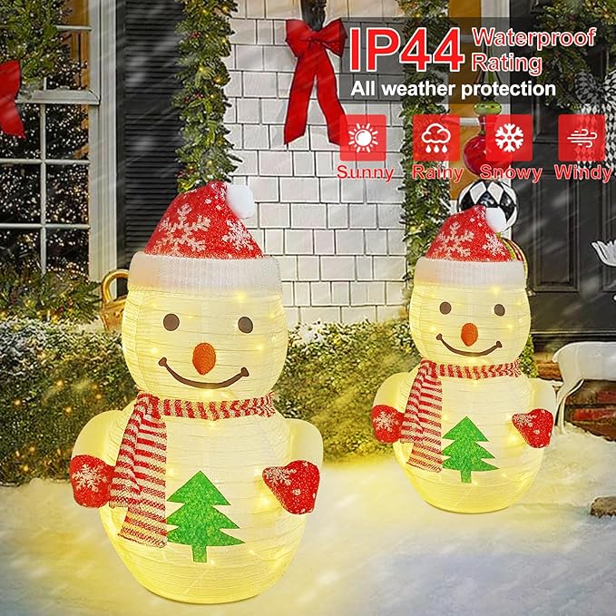 Lighted Pop-up Christmas Snowman Decorations, 27 Inch 3D Snowman with 45 LED Warm White Lights, Battery Powered Collapsible Prelit Snowman for Indoor Outdoor Christmas Garden Yard Xmas Decor, Timer