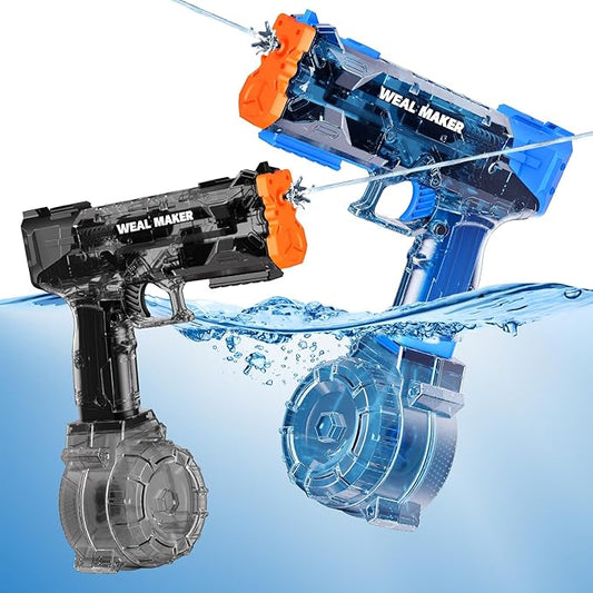 2 Pack Stronger Electric Water Gun for Kid/Aldult,Transparent Automatic Squirt Guns High Powered IP67 Waterproof, Water Guns with 400 Ammos for Outdoor Summer Beach Pool （Blue+Black）