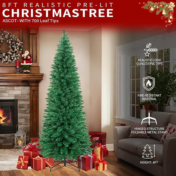 8FT Christmas Tree,Artificial Pencil Christmas Tree with 700 Branch Tips,Xmas Tree with Solid Metal Foldable Stand Perfect for Indoor&Outdoor,Christmas Decoration for Party by DNKMOR