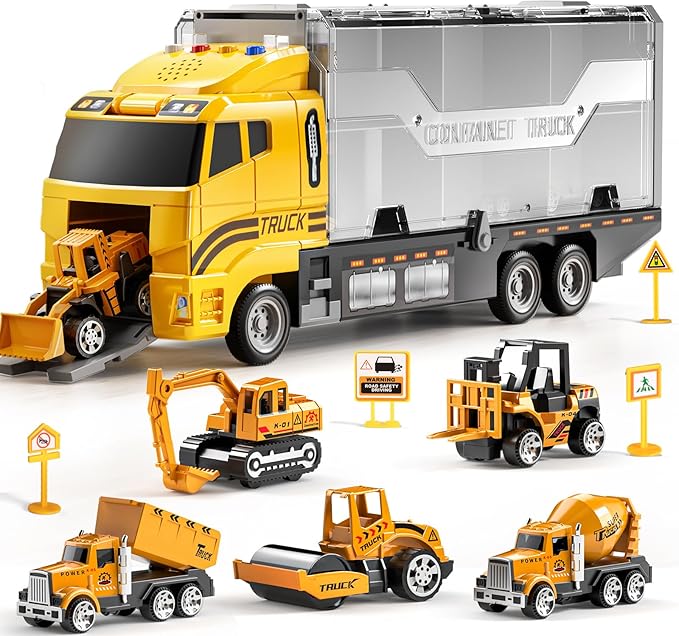 TEMI Toddler Toys for 3 4 5 6 Years Old Boys, Die-cast Construction Toys Car Carrier Vehicle Toy Set w/Play Mat, Kids Toys Truck Alloy Metal Car Toys Set for Age 3-9 Toddlers Kids Boys & Girls