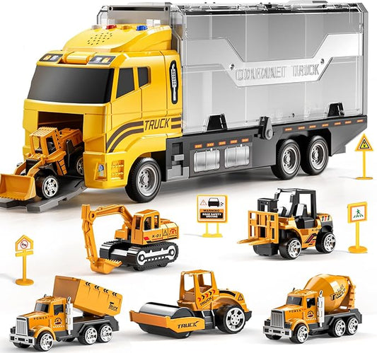 TEMI Toddler Toys for 3 4 5 6 Years Old Boys, Die-cast Construction Toys Car Carrier Vehicle Toy Set w/Play Mat, Kids Toys Truck Alloy Metal Car Toys Set for Age 3-9 Toddlers Kids Boys & Girls