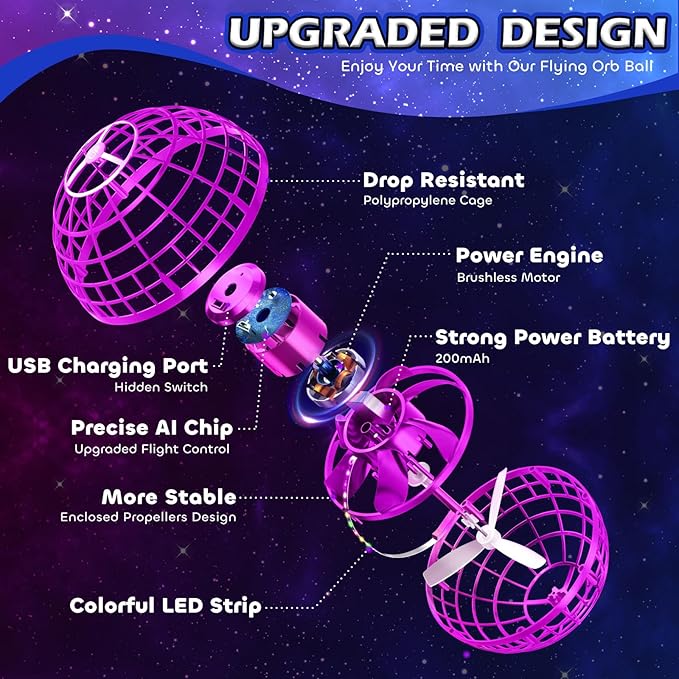 Tikduck Flying Orb Ball 2025 Toys Soaring Hover Pro Boomerang Galactic Fidget Cool Magic Hand Controlled Mini Drone Cosmic Globe Spinner Safe for 6 7 8 9 10+ Year Old Kids Outdoor Toys (Purple)