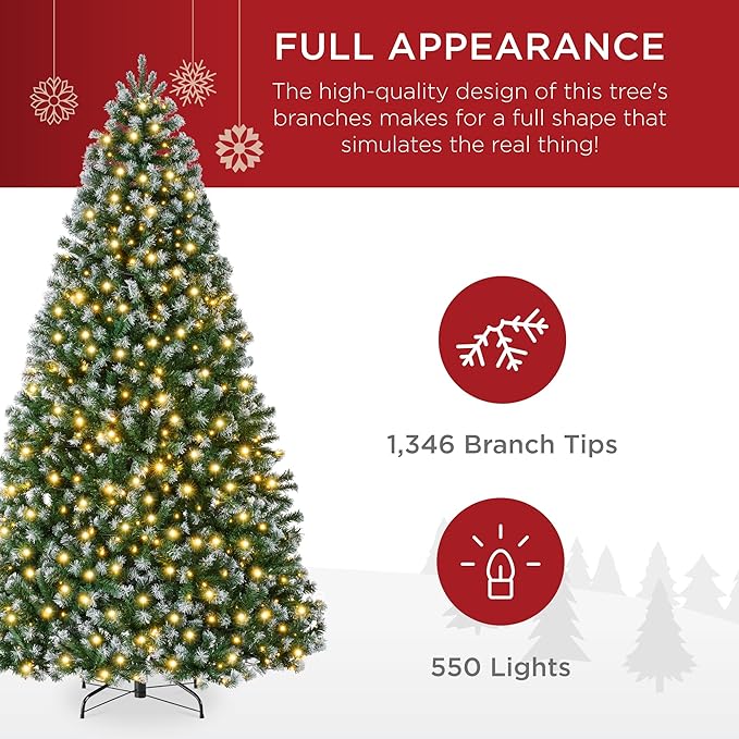 Best Choice Products Artificial Frosted Christmas Tree, 7.5ft Premium Pre-Lit Realistic Spruce Holiday Décor w/Dense Branches, Metal Base – Green Spruce