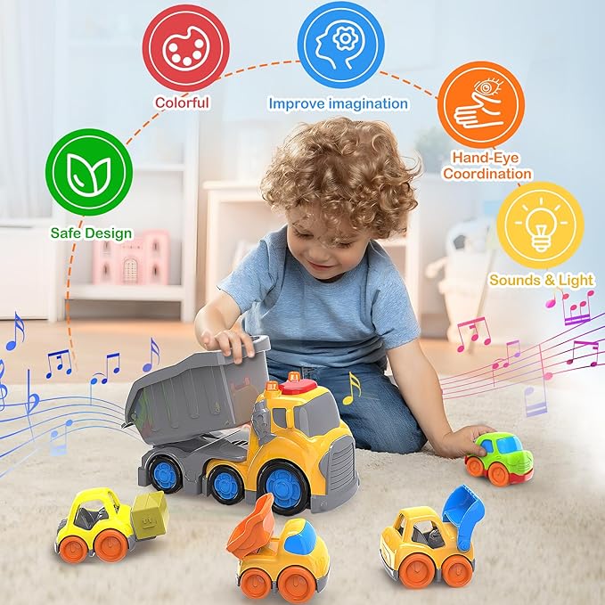 P&C 7.6" Toddler Construction Dump Truck Toys for Ages 2-4, Beach Sand Outdoor Toys Dump Truck Set with Sounds and Lights for Kids 18M+, 2, 3, 4, Ideal Birthday Christmas Gifts for Boys Girls