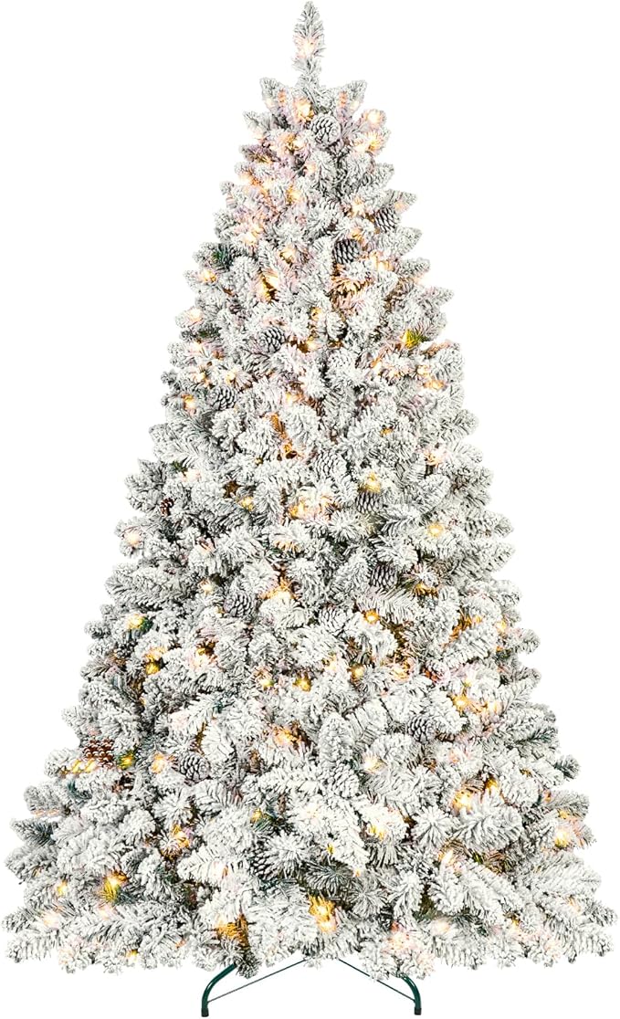 Flocked Pre-lit Christmas Tree 9ft, Premium Christmas Tree with Lights - White Flocked Prelit Trees- Artificial Xmas Trees