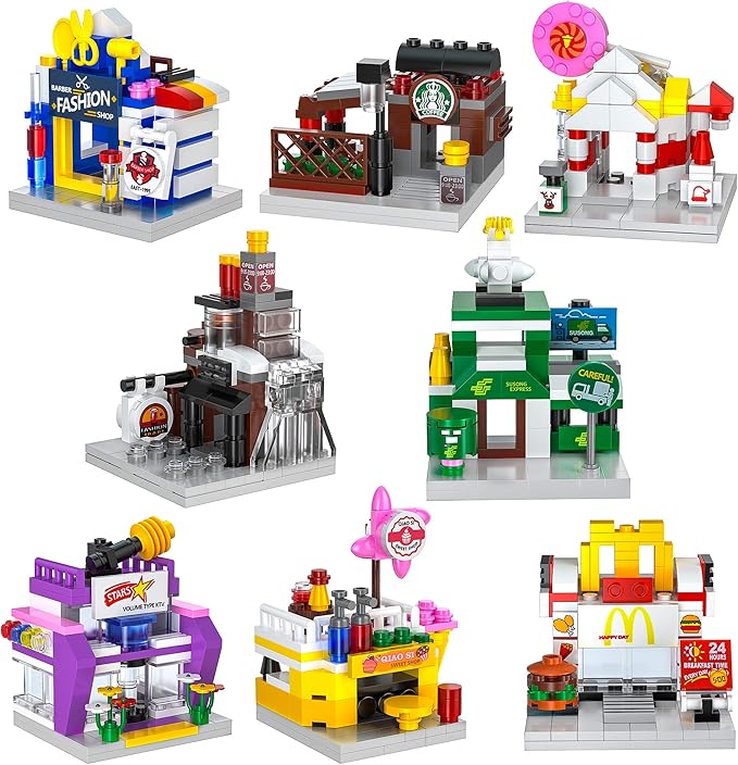 8 Packs Mini City Shop Street View Building Blocks Kit,MOC Construction Creative Educational Kit with Hair Salon & Café Store,Girls Boys Dream Toy Set,Christmas Birthday Party Favors for Kids