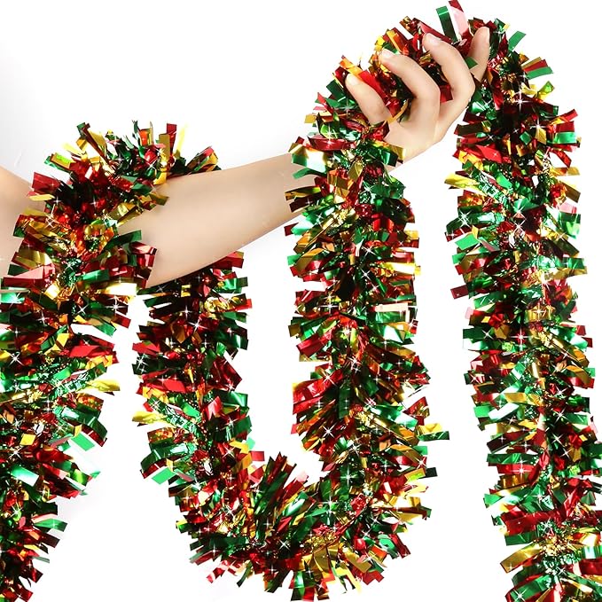 50ft Metallic Twist Tinsel Garland - Shiny Hanging Ornaments for Christmas Tree & Holiday Home Decoration - Red, Green, Gold