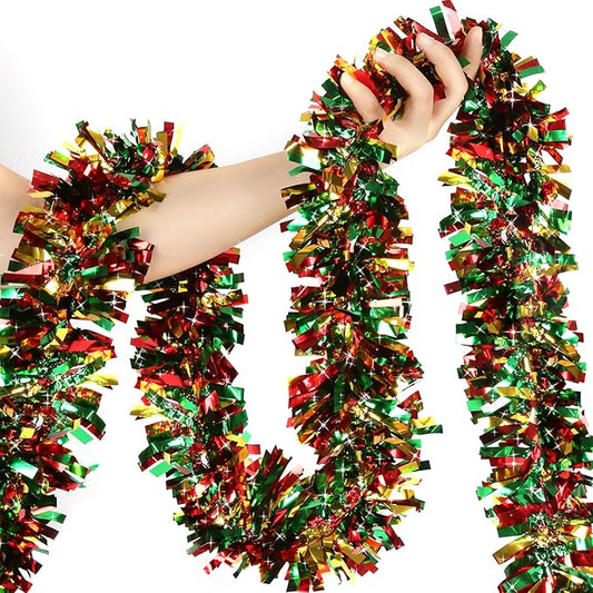 50ft Metallic Twist Tinsel Garland - Shiny Hanging Ornaments for Christmas Tree & Holiday Home Decoration - Red, Green, Gold