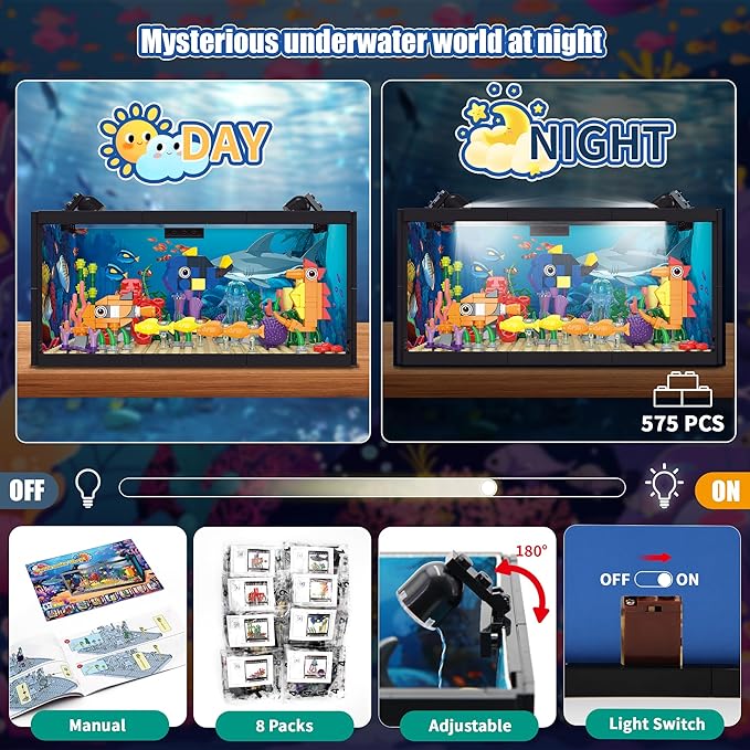 8 in 1 Fish Tank Building Sets, Marine Aquarium Building Block with LED Light Party Favors 9 Model Toy Including Shark Octopus Crab, Christmas Birthday Gifts for Boys Girls Kids Ages 6 8 10 12+